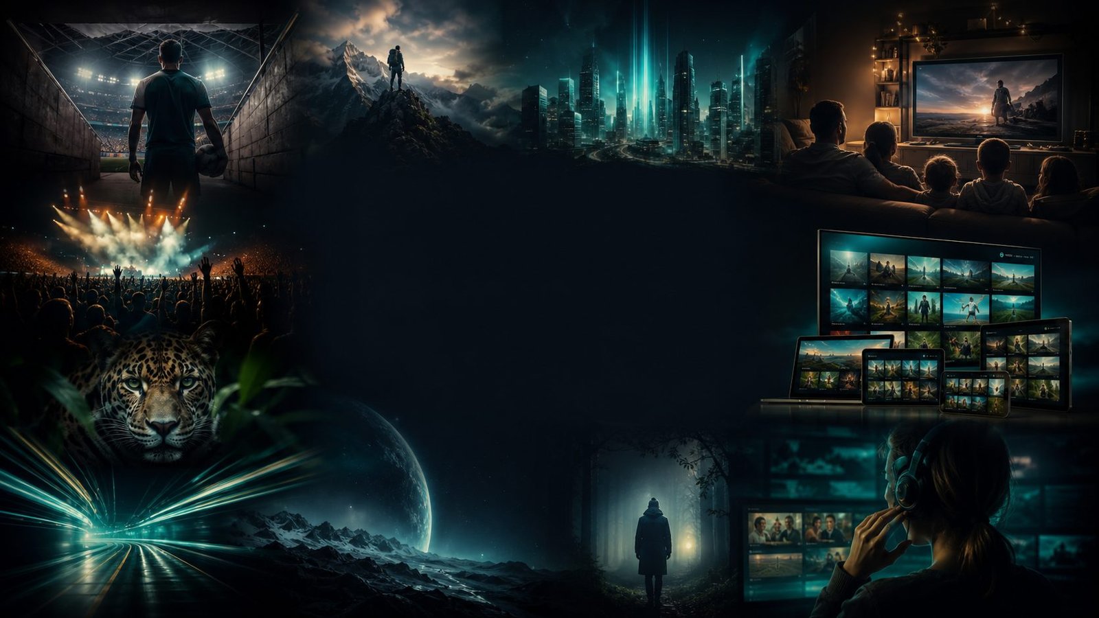 Original cinematic mosaic showing sports, entertainment, family viewing and streaming on multiple devices.